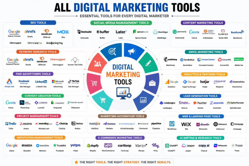 Infographic displaying all digital marketing tools including SEO tools, social media management tools, content marketing, email marketing, analytics, PPC advertising, automation, AI writing, and website tools.