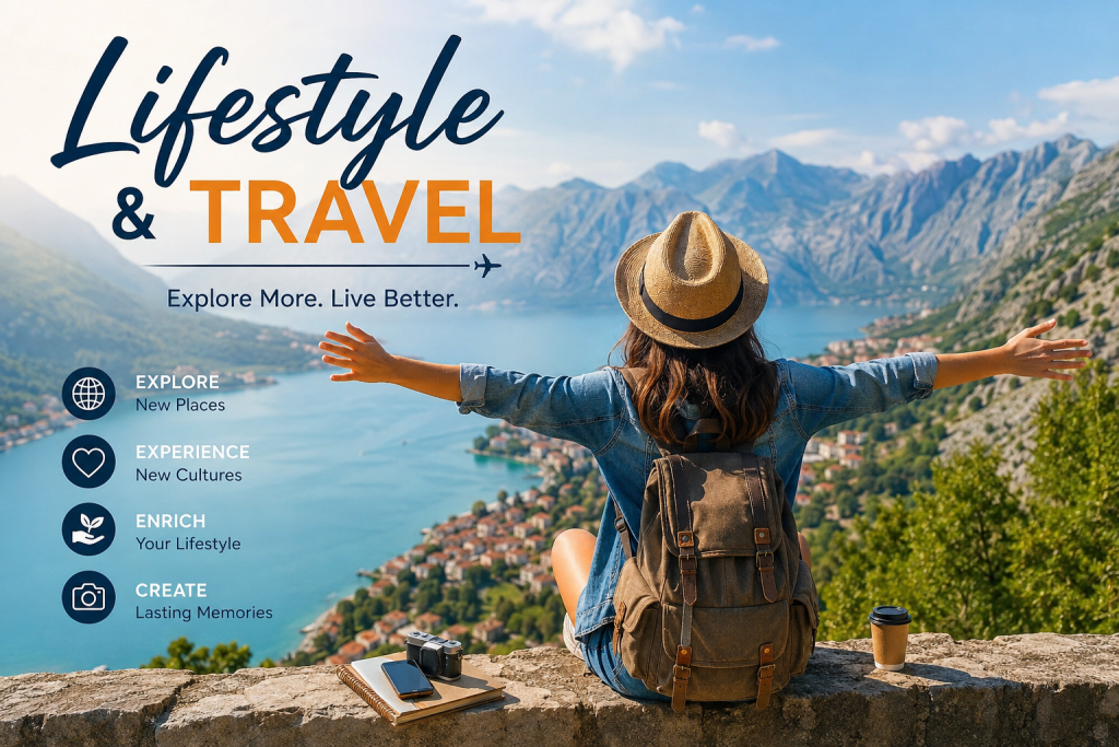 Traveler sitting at a mountain viewpoint overlooking a lake with the text “Lifestyle & Travel – Explore More, Live Better,” representing adventure, exploration, and modern travel lifestyle.